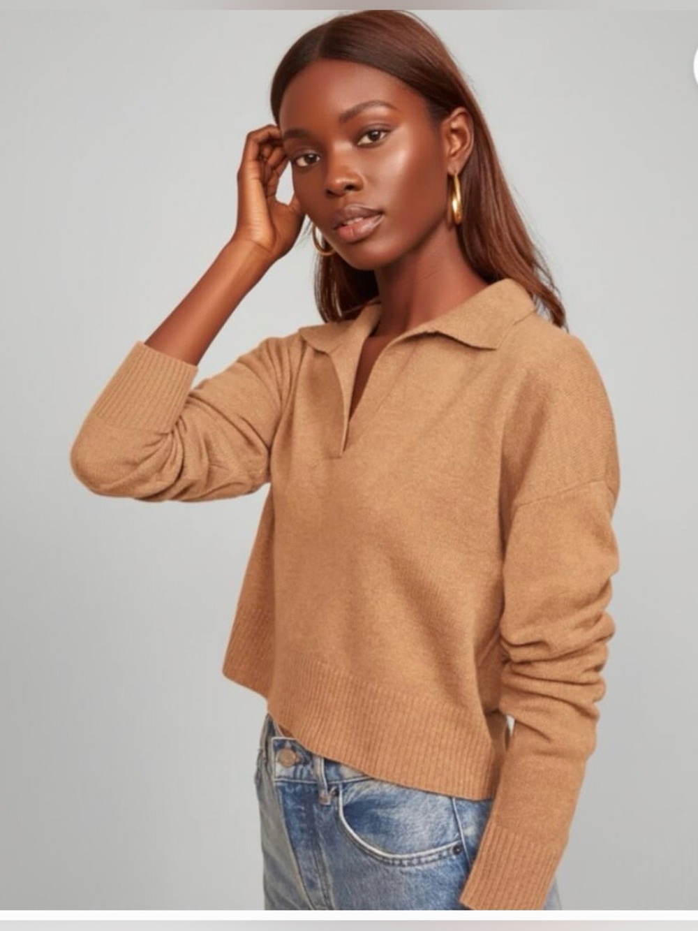 Reformation 100% Cashmere Polo Camel V-Neck Cropped Sweater size S